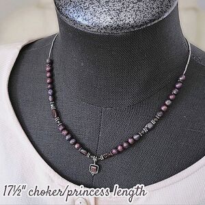 Vtg garnet and smokey metallic glass bead necklace